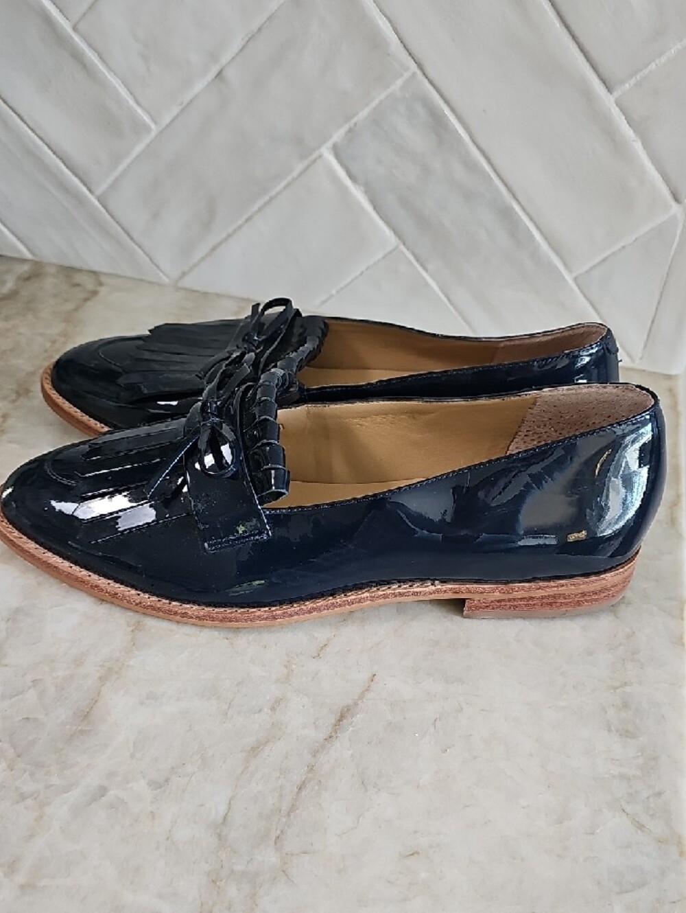 Talbots Navy Patent Leather Kiltie Tie Loafers - Picture 3 of 6